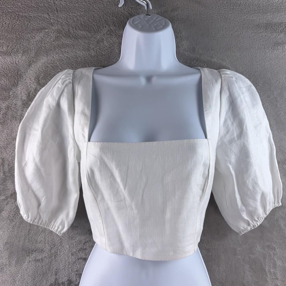 Reformation Crop Top Womens Size 4 White Linen Puff Sleeve Square Neck